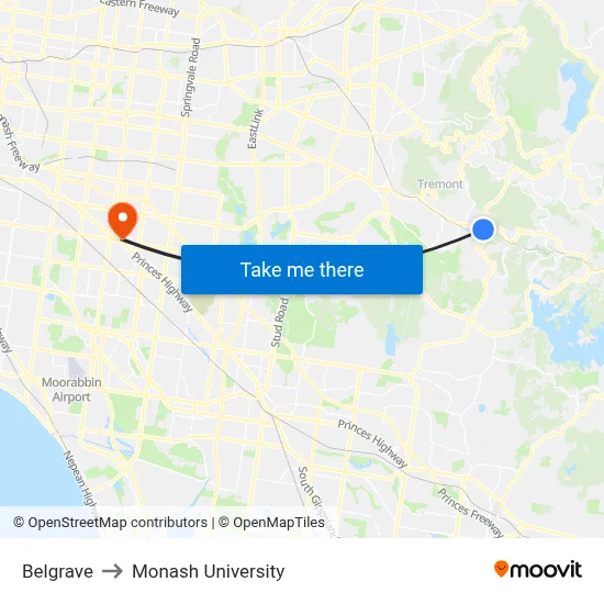 Belgrave to Monash University map
