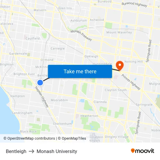 Bentleigh to Monash University map