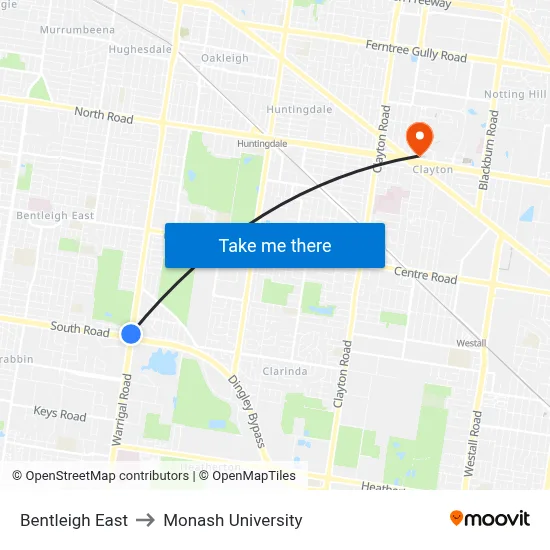 Bentleigh East to Monash University map