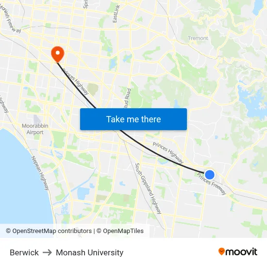 Berwick to Monash University map