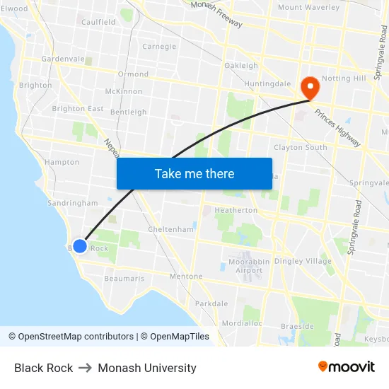 Black Rock to Monash University map