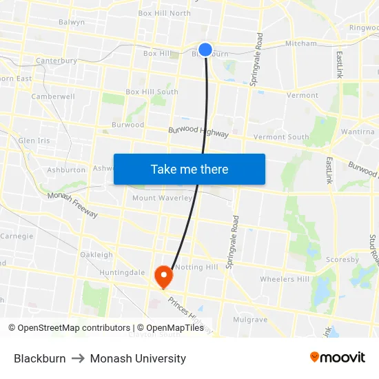 Blackburn to Monash University map