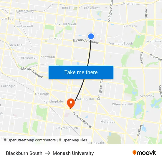 Blackburn South to Monash University map