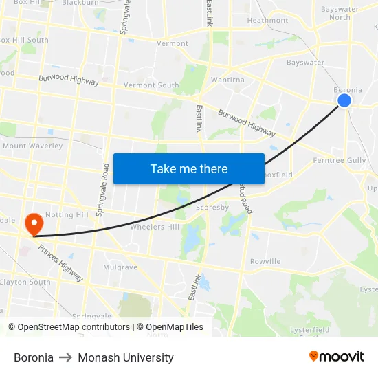 Boronia to Monash University map