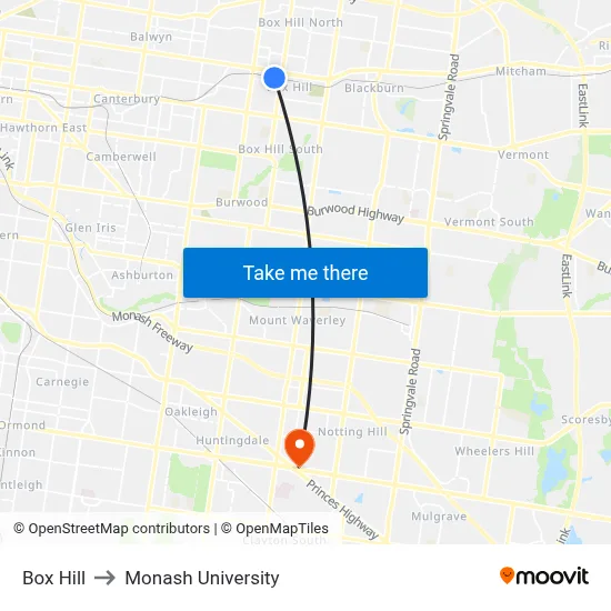 Box Hill to Monash University map