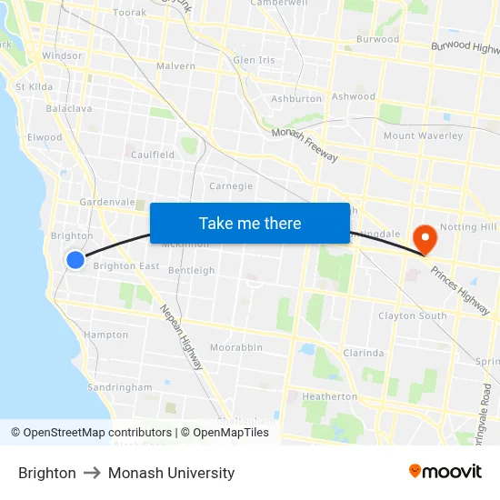 Brighton to Monash University map
