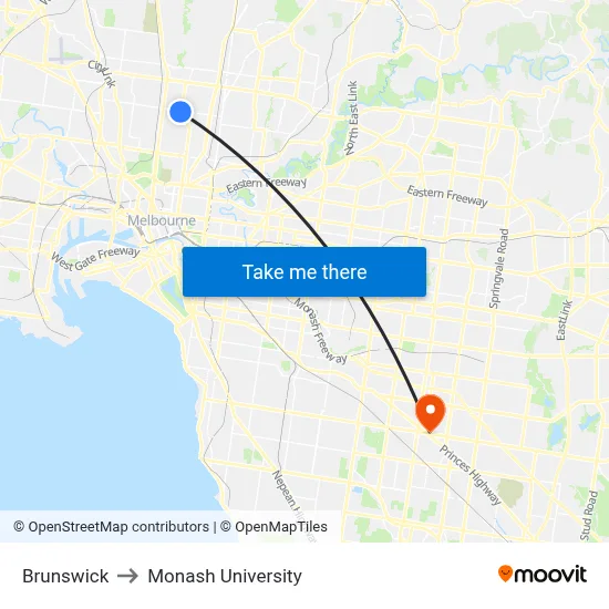 Brunswick to Monash University map