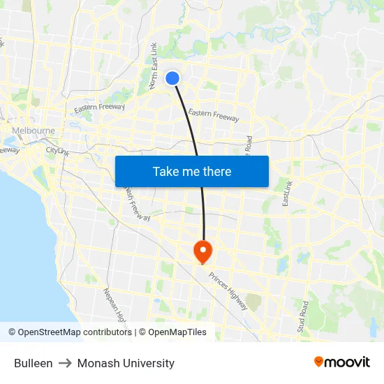 Bulleen to Monash University map