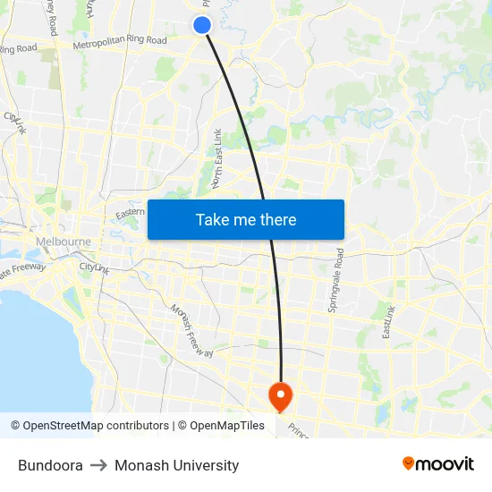 Bundoora to Monash University map