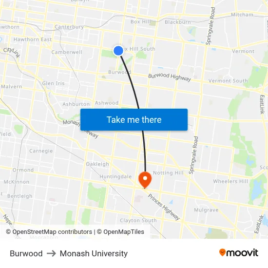 Burwood to Monash University map