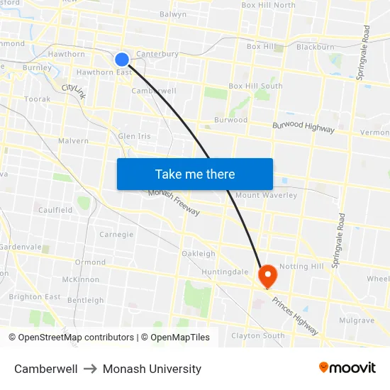 Camberwell to Monash University map