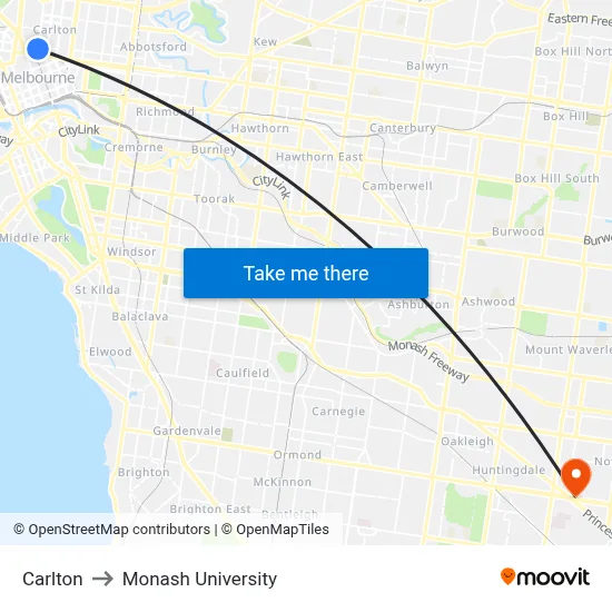 Carlton to Monash University map