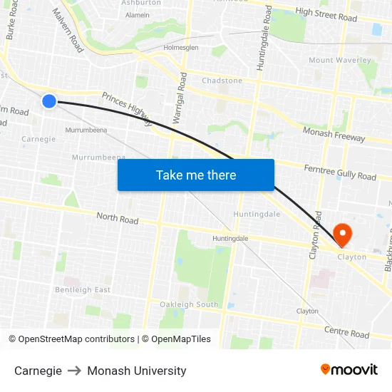 Carnegie to Monash University map