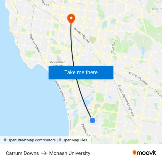 Carrum Downs to Monash University map