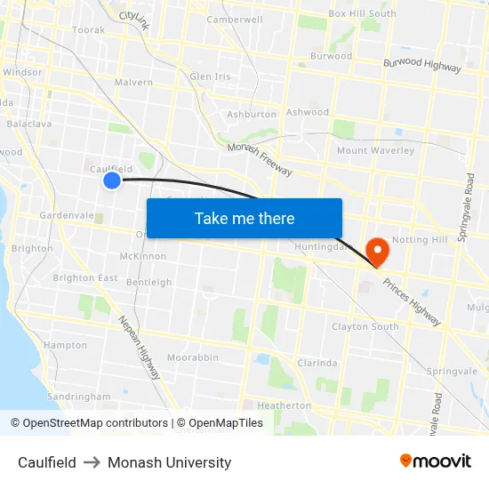 Caulfield to Monash University map