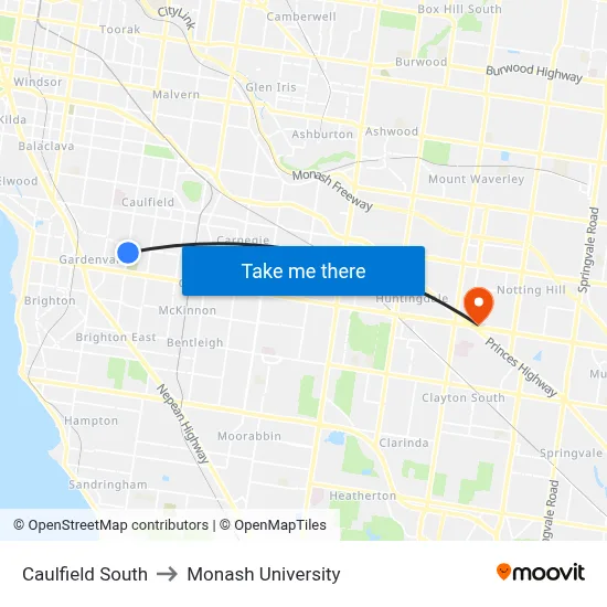 Caulfield South to Monash University map