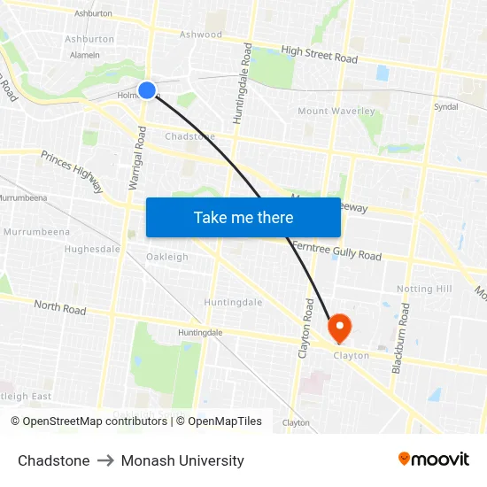 Chadstone to Monash University map