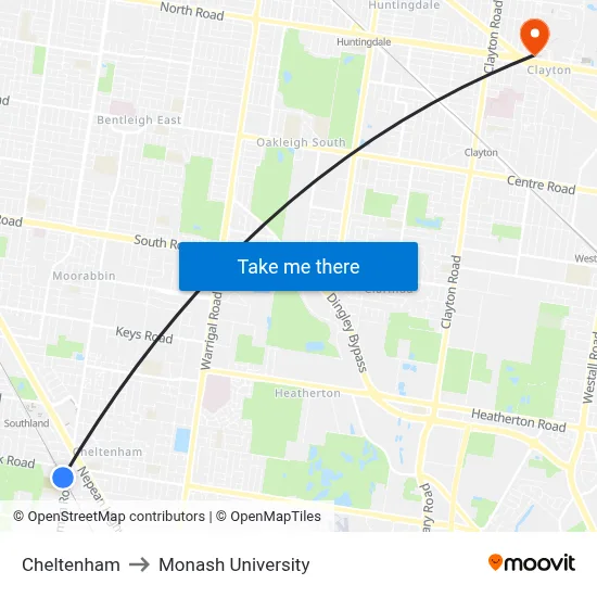 Cheltenham to Monash University map