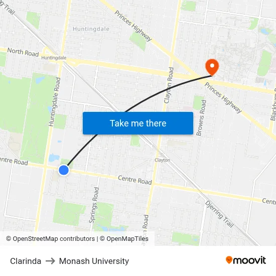 Clarinda to Monash University map