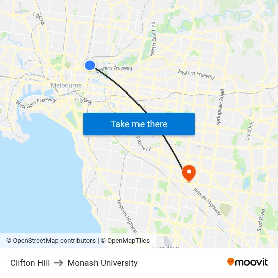 Clifton Hill to Monash University map