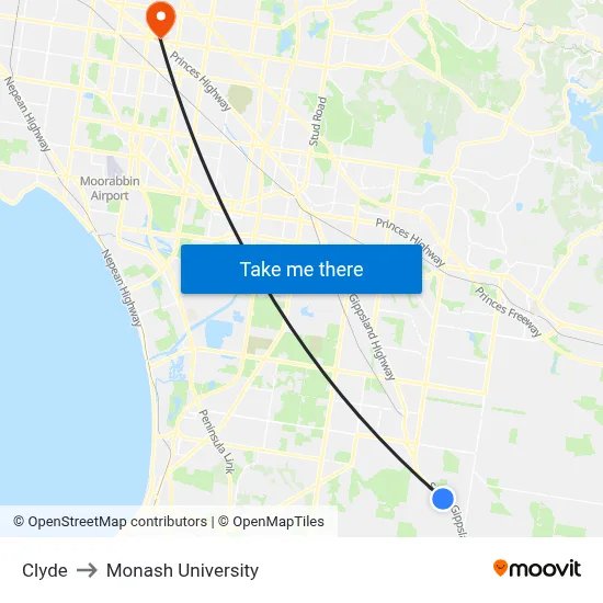 Clyde to Monash University map