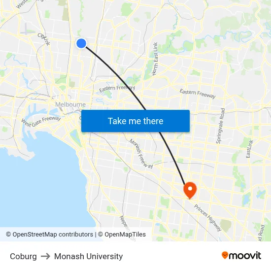 Coburg to Monash University map