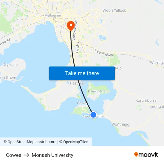 Cowes to Monash University map