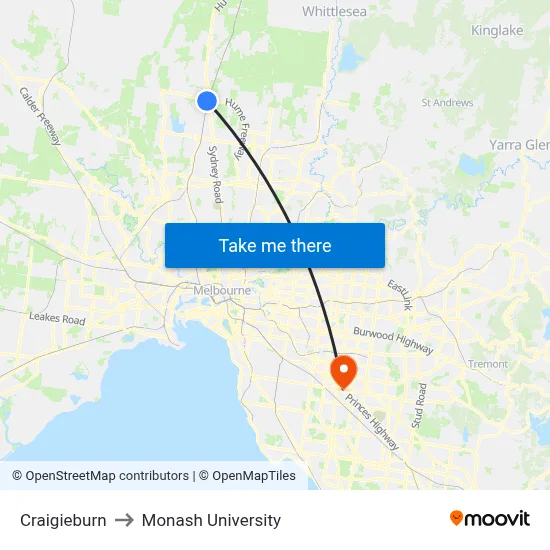 Craigieburn to Monash University map