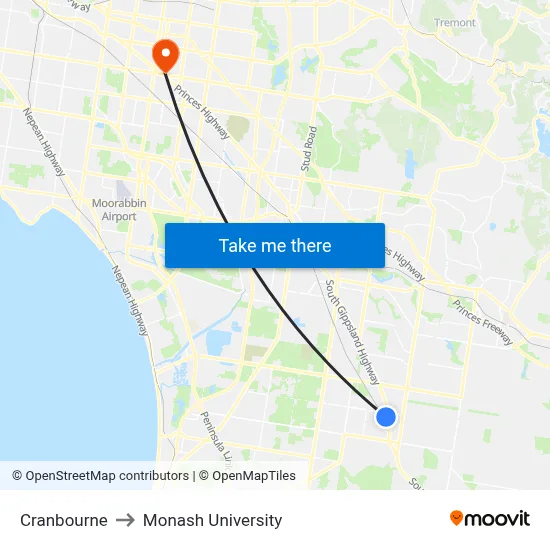 Cranbourne to Monash University map