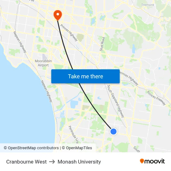 Cranbourne West to Monash University map