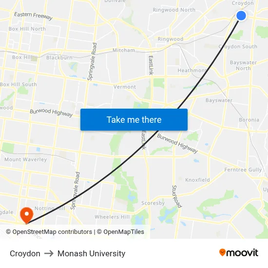 Croydon to Monash University map