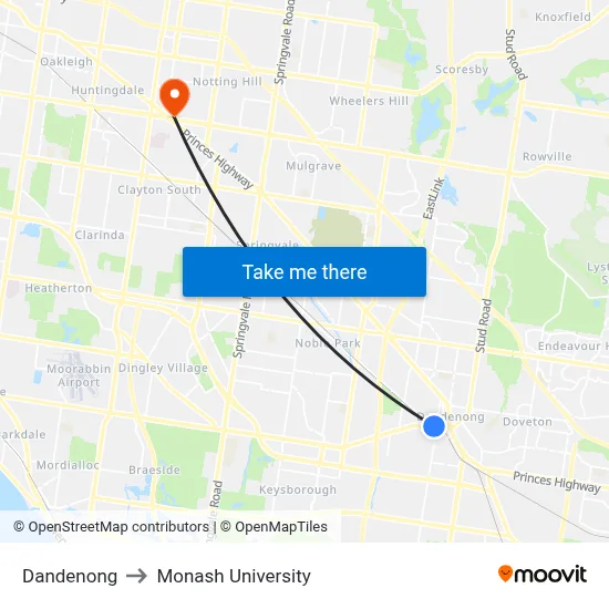 Dandenong to Monash University map
