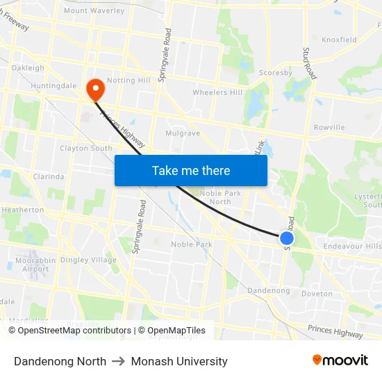 Dandenong North to Monash University map