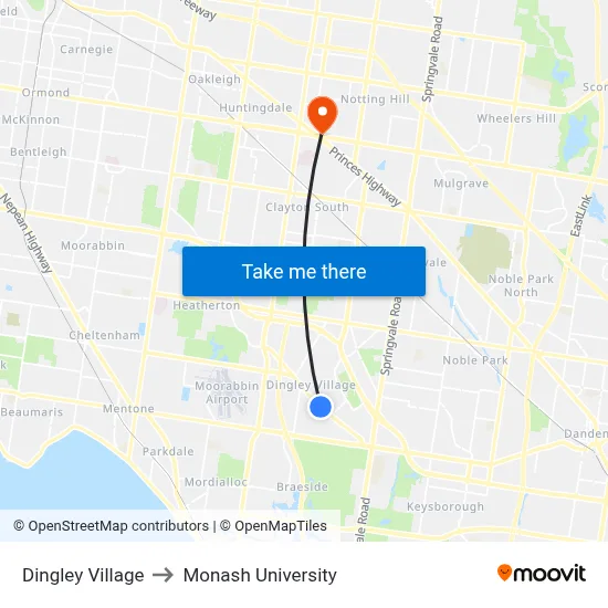 Dingley Village to Monash University map