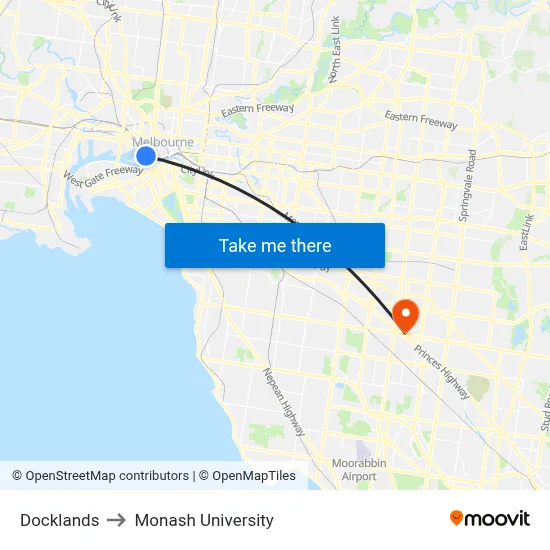 Docklands to Monash University map