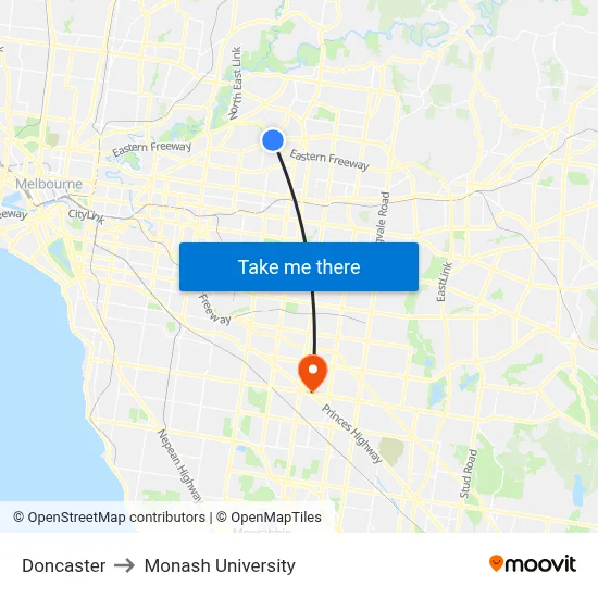Doncaster to Monash University map
