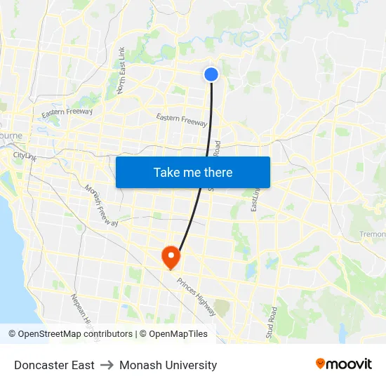 Doncaster East to Monash University map