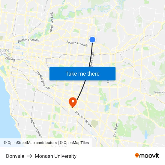 Donvale to Monash University map