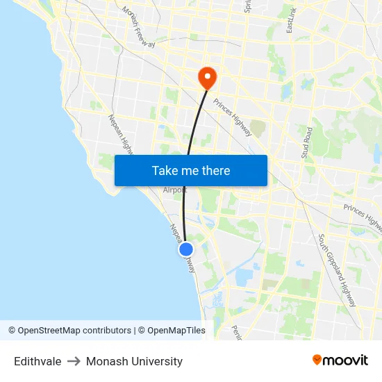 Edithvale to Monash University map