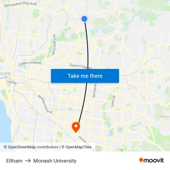 Eltham to Monash University map