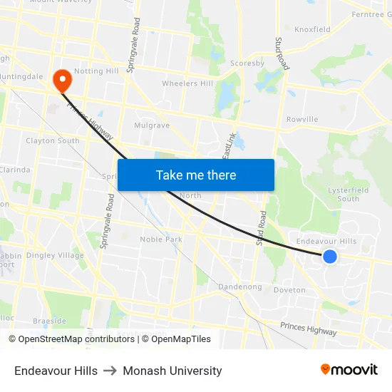 Endeavour Hills to Monash University map