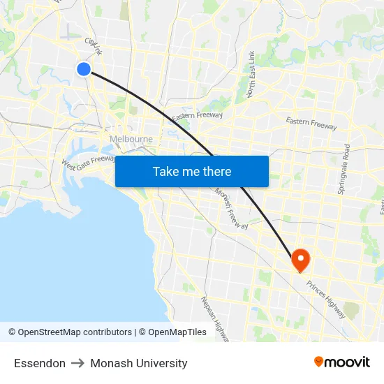 Essendon to Monash University map