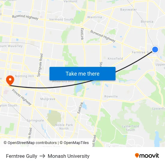Ferntree Gully to Monash University map