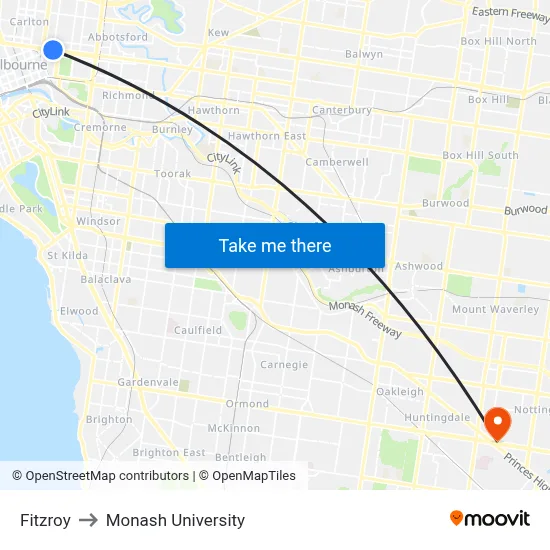 Fitzroy to Monash University map