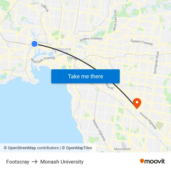 Footscray to Monash University map