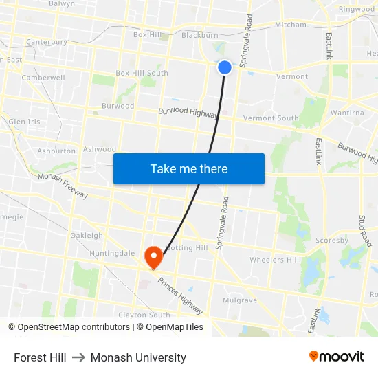 Forest Hill to Monash University map