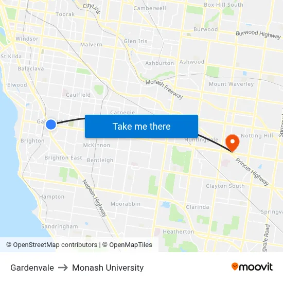 Gardenvale to Monash University map