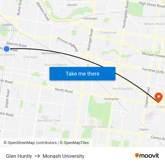 Glen Huntly to Monash University map