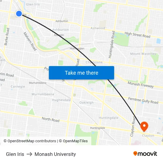 Glen Iris to Monash University map