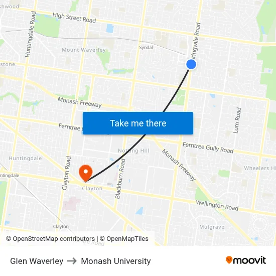 Glen Waverley to Monash University map
